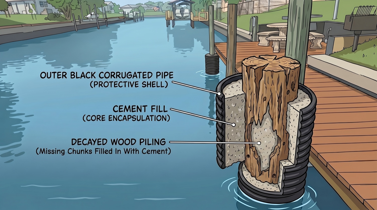 Cutaway diagram of a piling jacket: outer black corrugated pipe (protective shell), cement fill (core encapsulation) and a decayed wood piling with missing chunks filled with cement