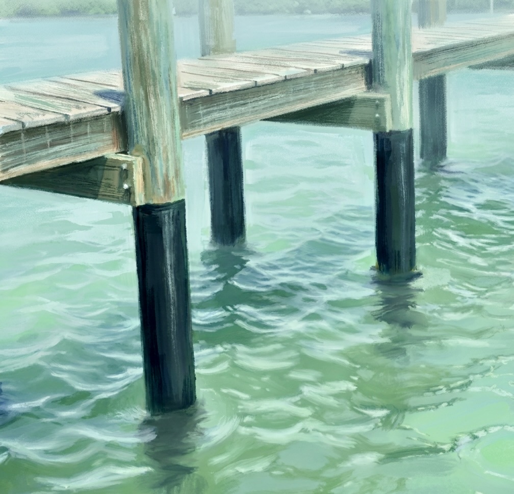 Dock pilings wrapped with a black protective barrier below the waterline